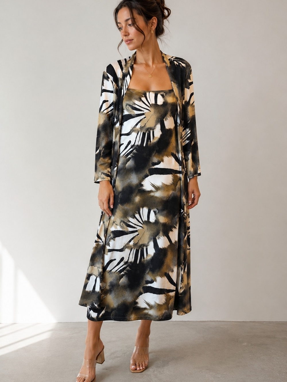 Joseph Ribkoff Abstract Black & Olive Print Midi Dress Size 8